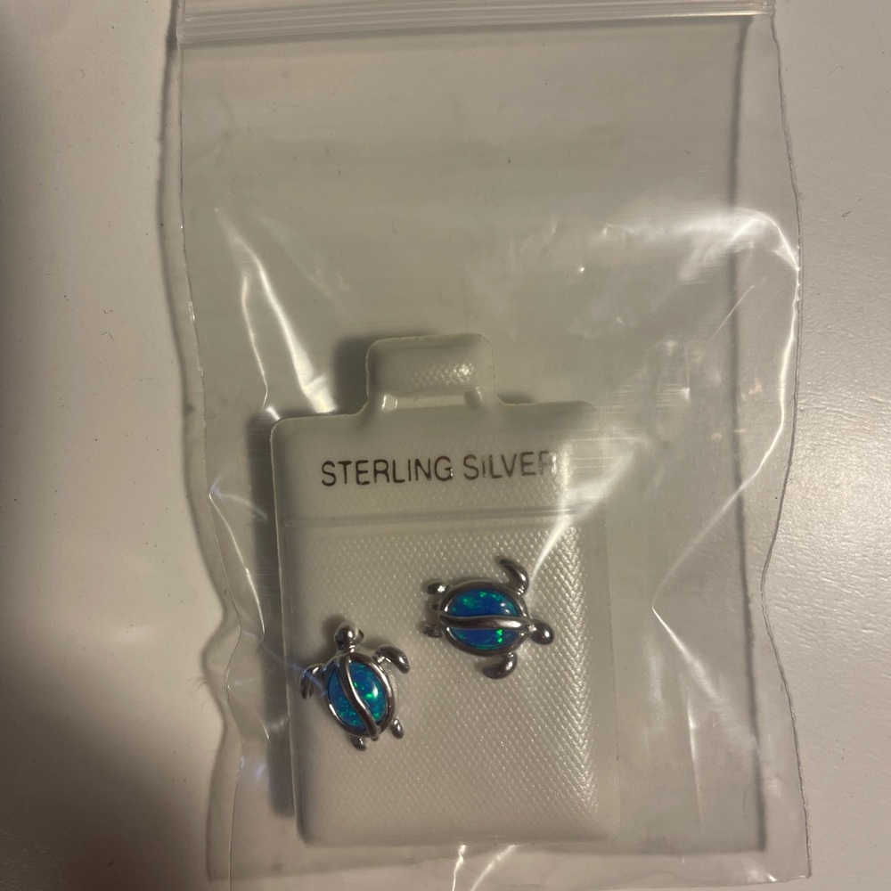 Sterling Silver Turtle Earrings with Blue Accents